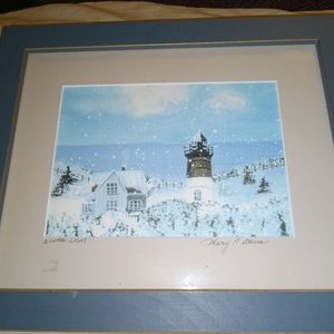 Mary Baum Artist Painting Winter Light framed in bluegray wooden frame